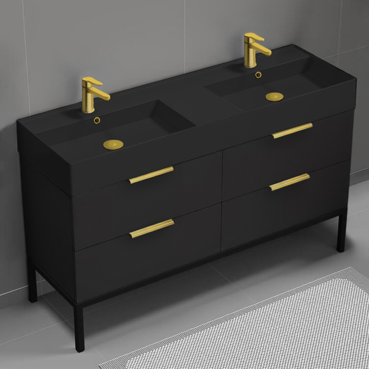 Bathroom Vanity Modern Black Double Bathroom Vanity, 56 Inch, Gold Handles, Free Standing Nameeks DERIN352